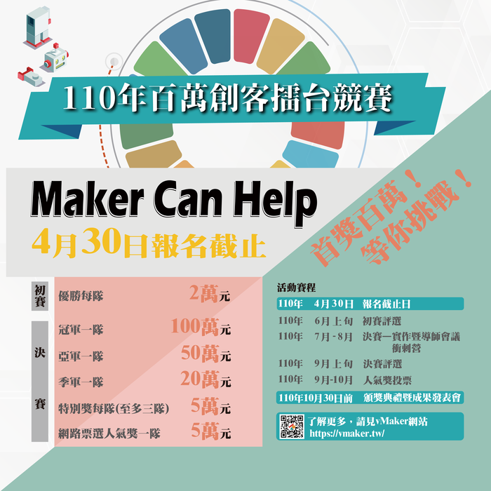 [就輔組]勞動部勞動力發展署創新中心舉辦110年度百萬創客擂台競賽活動，歡迎學生組對參與，爭取最高一百萬元獎金的榮耀。圖片
