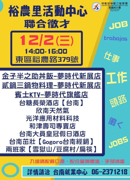 [就輔組]台南就業中心於109年12月2日(三) 舉辦「2020擁抱夢想，職涯飛揚」-聯合徵才活動(東區場次)，歡迎求職者踴躍參加。圖片