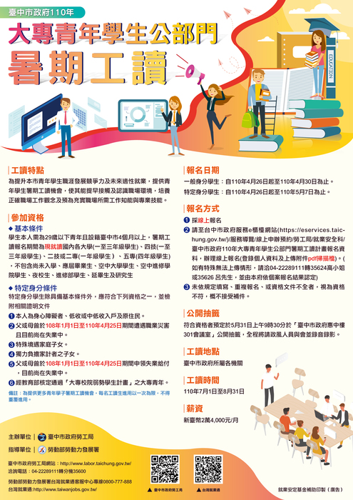 臺中市政府110年大專青年學生公部門暑期工讀計畫圖片