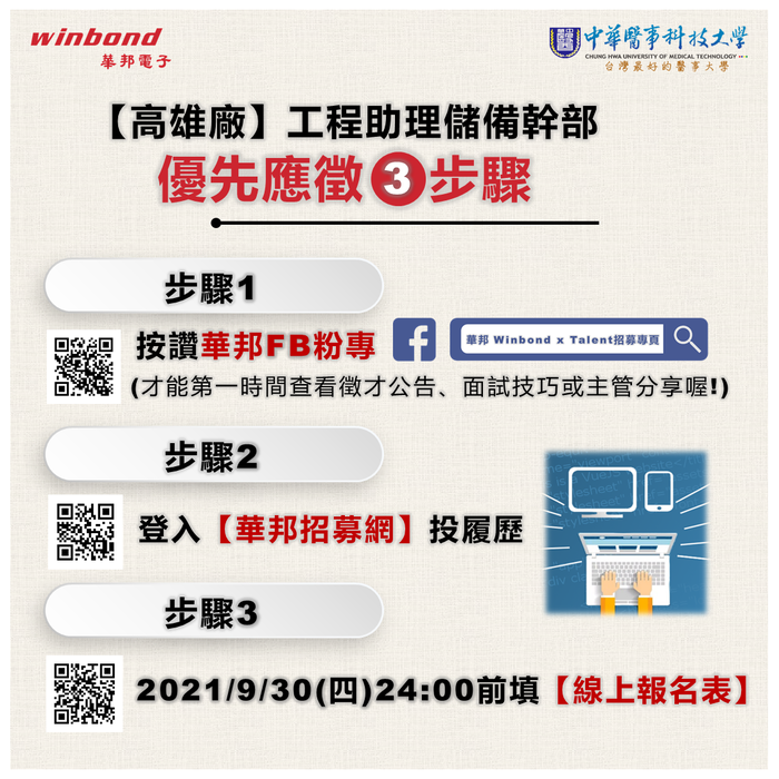 華邦電子-高雄廠工程助理儲備幹部圖片