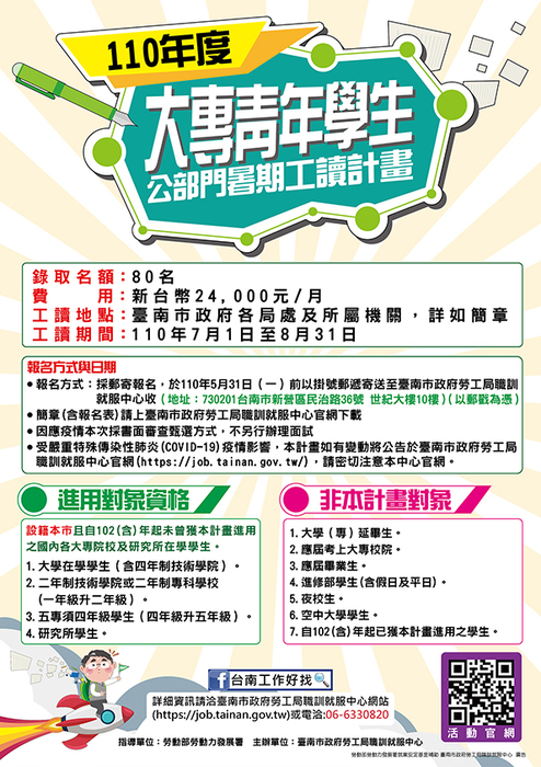 110年度大專青年學生公部門暑期工讀計畫-海報圖片
