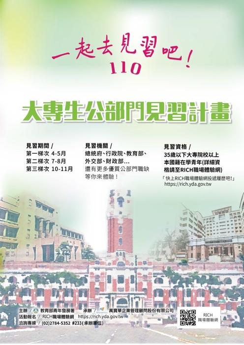 [就輔組]教育部青年發展署「RICH職場體驗網」、「110年大專生公部門見習計畫」及「110年經濟自立青年工讀計畫」，歡迎學生踴躍參與。圖片