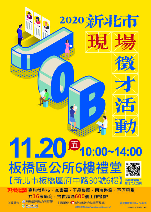 [就輔組]新北市政府就業服務處109年11月20日(星期五)板橋區公所6樓禮堂舉辦「2020新北市現場徵才活動」，歡迎求職者踴躍參加。圖片