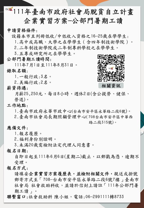 11年臺南市政府社會局脫貧自立計畫企業實習方案-公部門暑期工讀計畫圖片